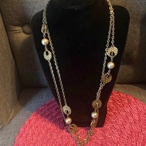 Extra long vintage gold tone with faux pearl necklace